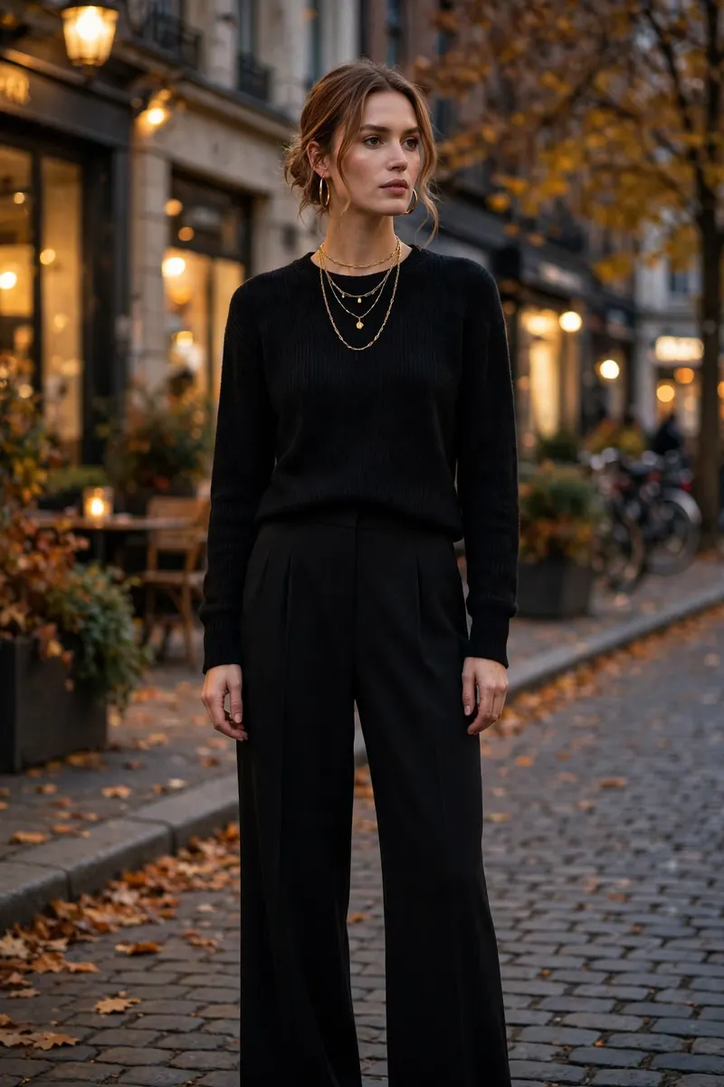 All black outfit with gold jewelry - chic expensive looking fall outfit