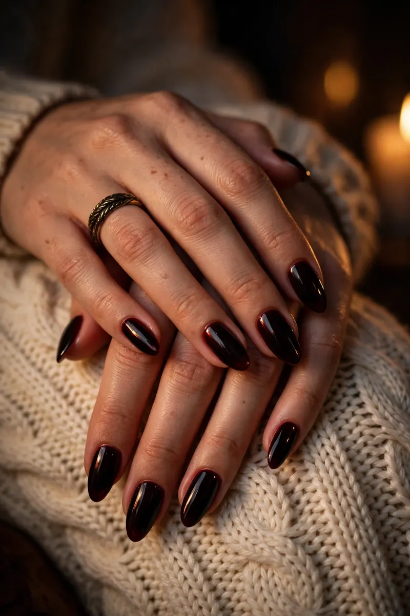 Black cherry dark fall nail color glossy manicure - fall nail colors