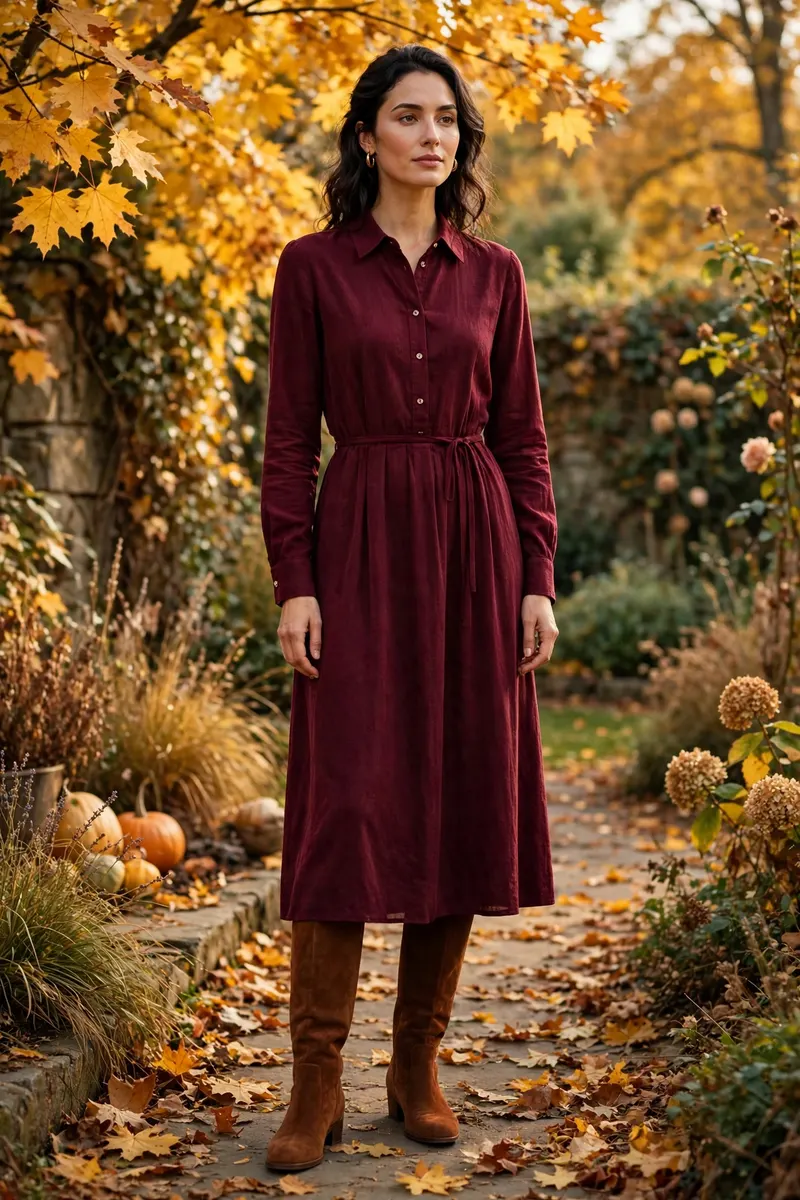 Burgundy midi dress with knee-high boots - rich fall outfit ideas