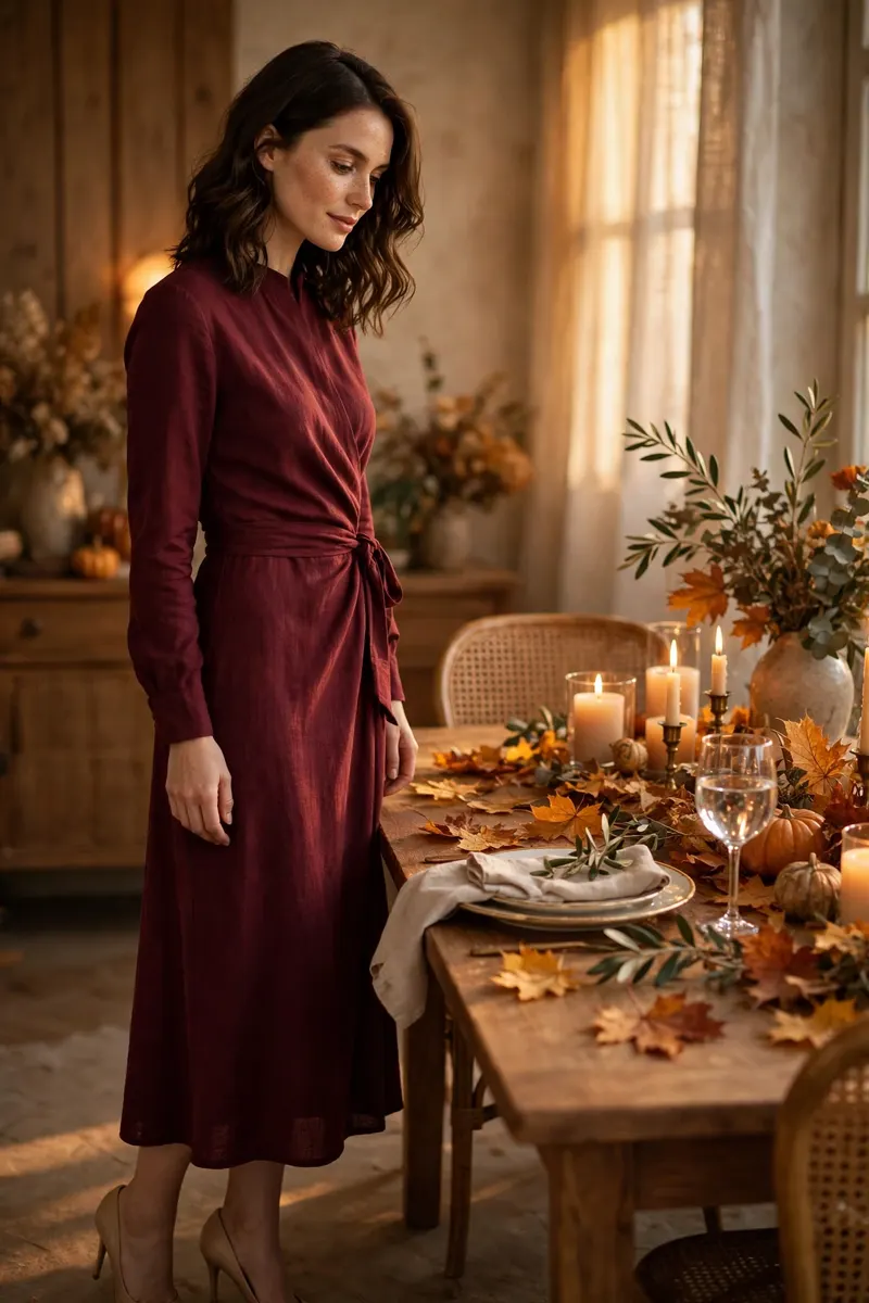 Burgundy wrap midi dress with long sleeves - flattering thanksgiving outfit ideas