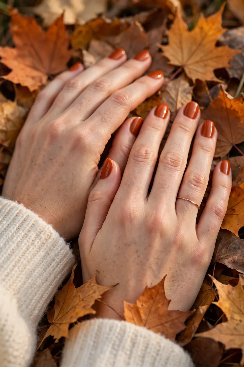 Burnt orange rust fall nail color manicure with autumn leaves - fall nail colors