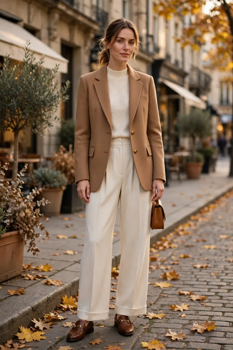 Camel blazer with wide-leg trousers - polished fall work outfit idea