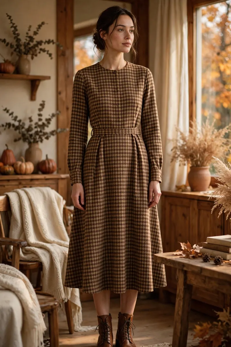 Brown check A-line midi dress - timeless thanksgiving outfit for women