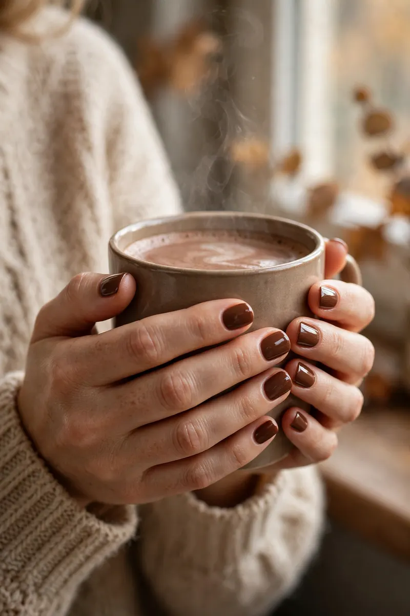 Chocolate brown fall nail polish manicure with cozy sweater - trending fall nail colors