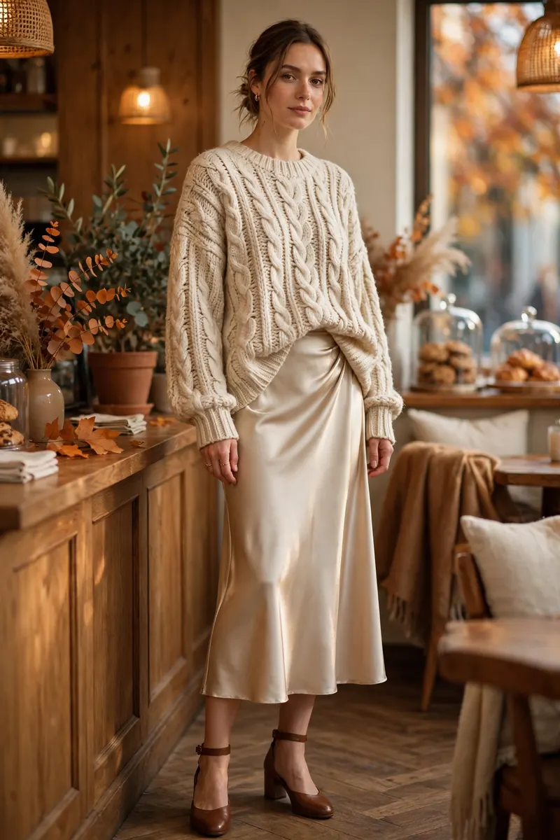 Chunky knit sweater with satin midi skirt - elegant fall outfit combination