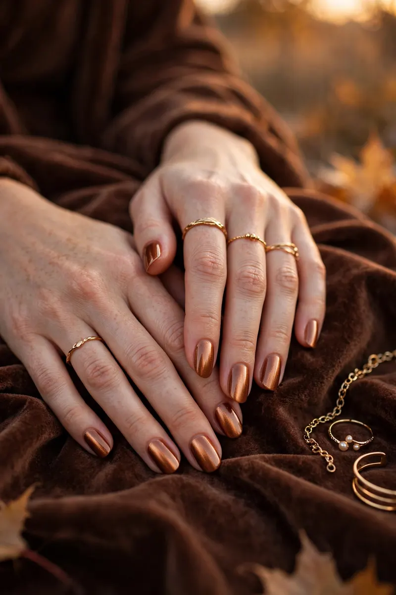 Copper bronze metallic fall nail color manicure - shimmering fall nail colors