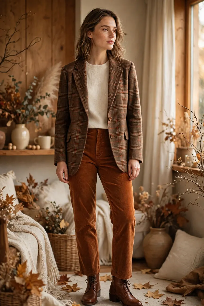 Rust corduroy pants with plaid blazer - smart casual thanksgiving outfit for women
