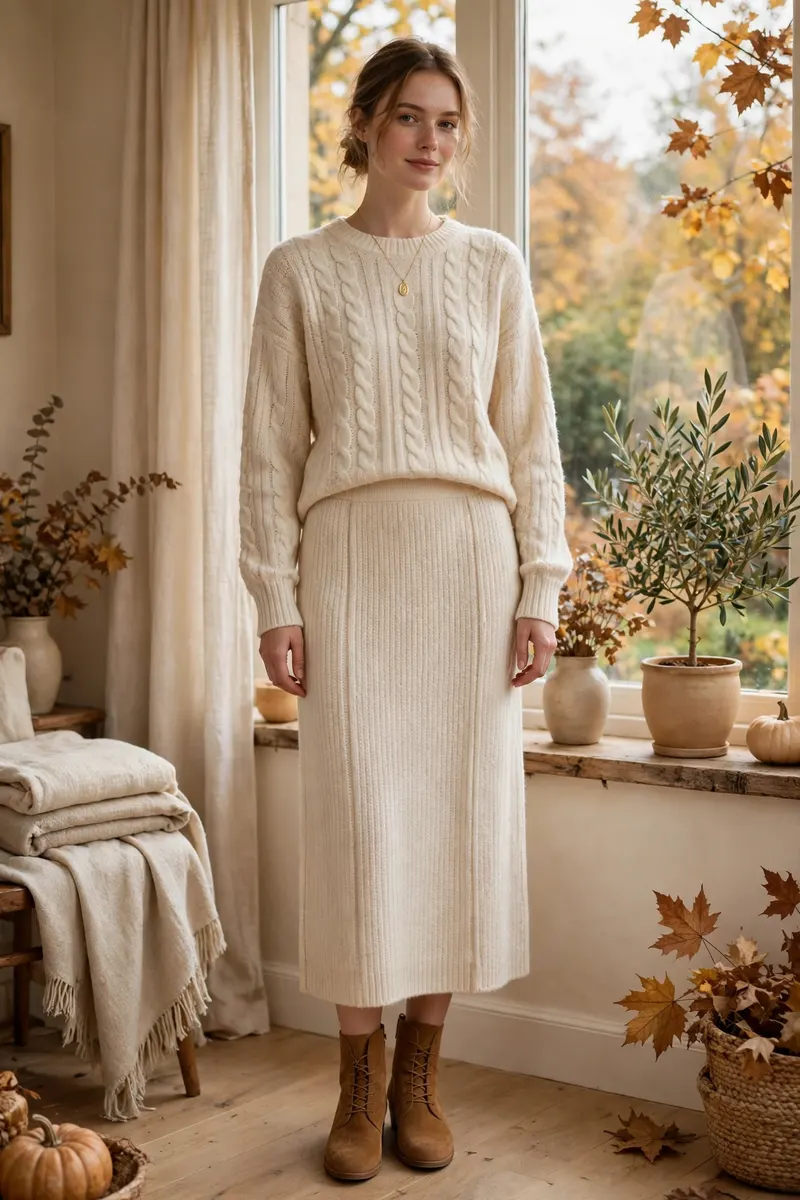 Cream knit co-ord set with midi skirt - effortless polished fall outfit
