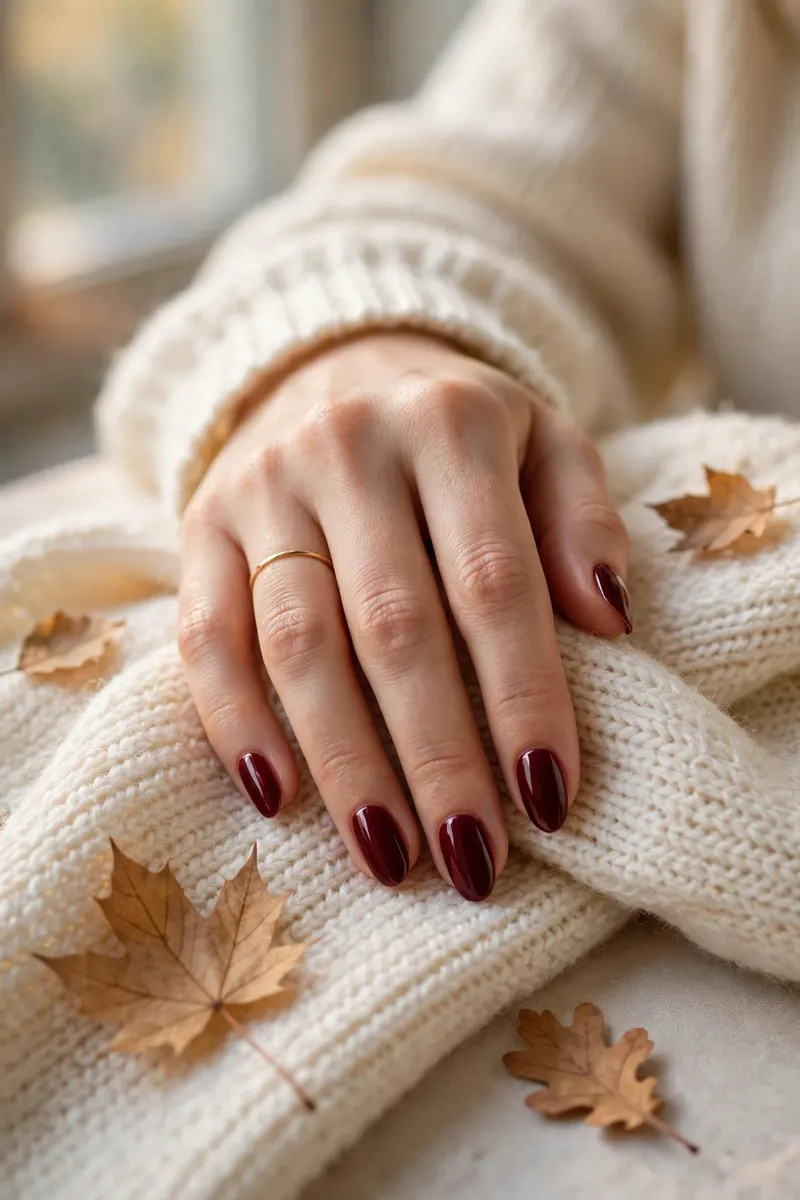 Deep burgundy wine fall nail color on elegant hands with knit sleeve - fall nail colors