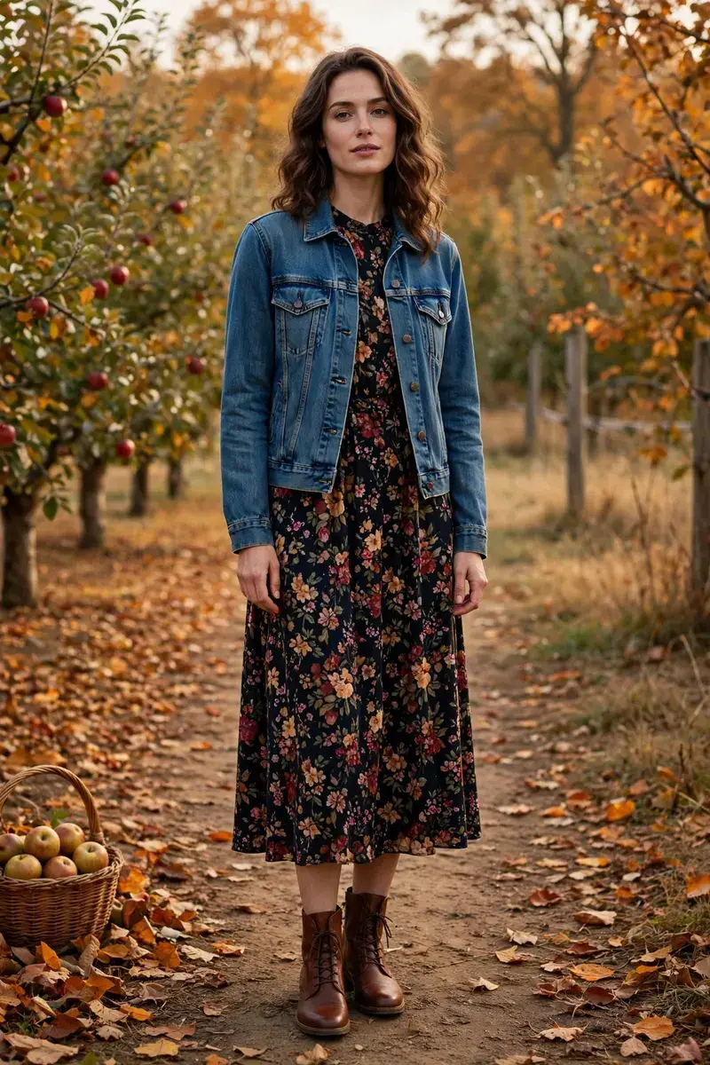 Denim jacket with floral midi dress - casual fall outfit ideas for women