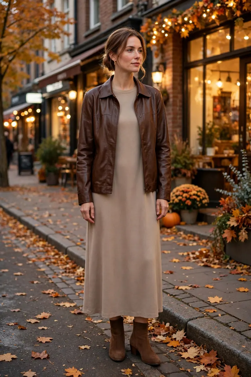 Faux leather jacket over a midi dress - edgy polished fall outfit idea