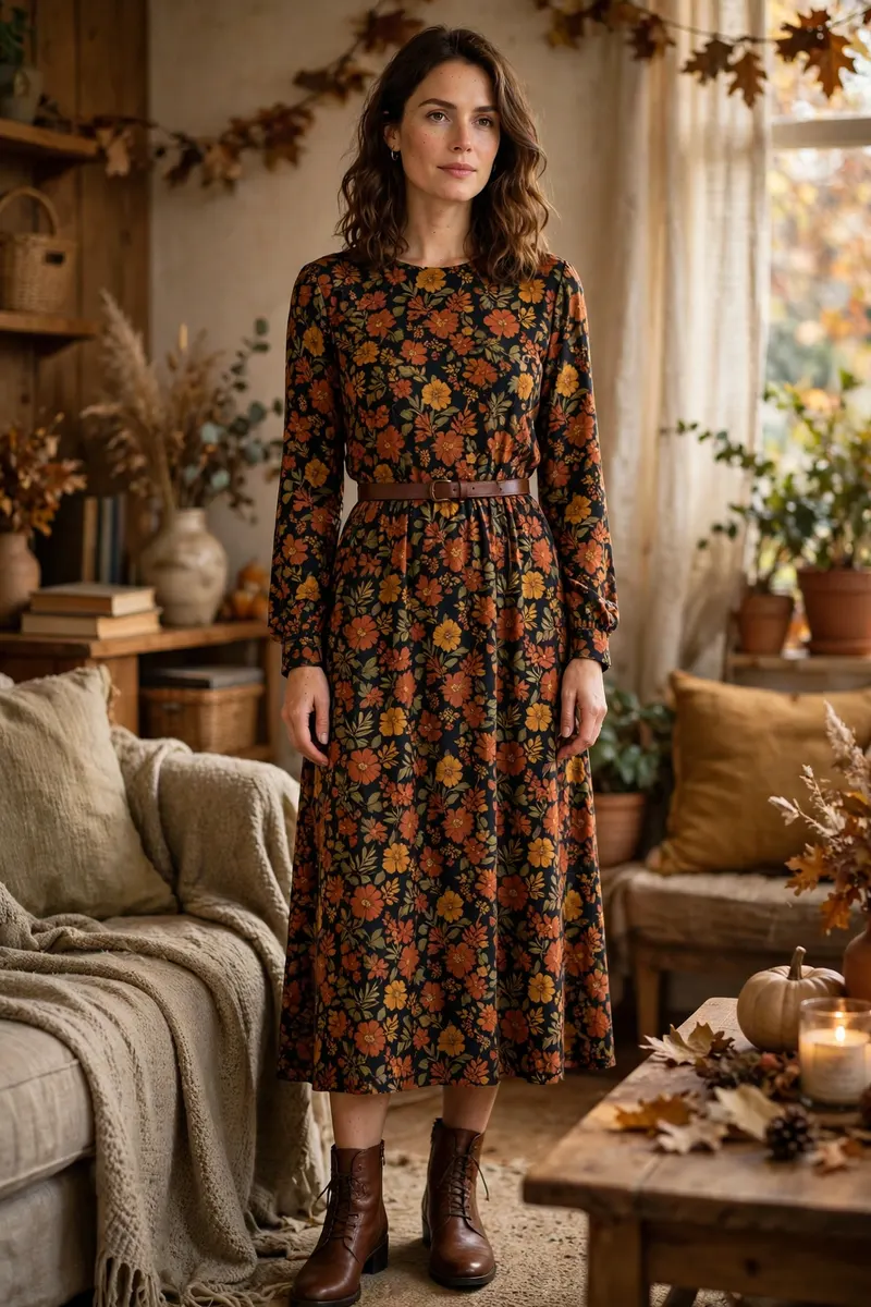 Rust floral midi dress with ankle boots - pretty fall thanksgiving outfit idea