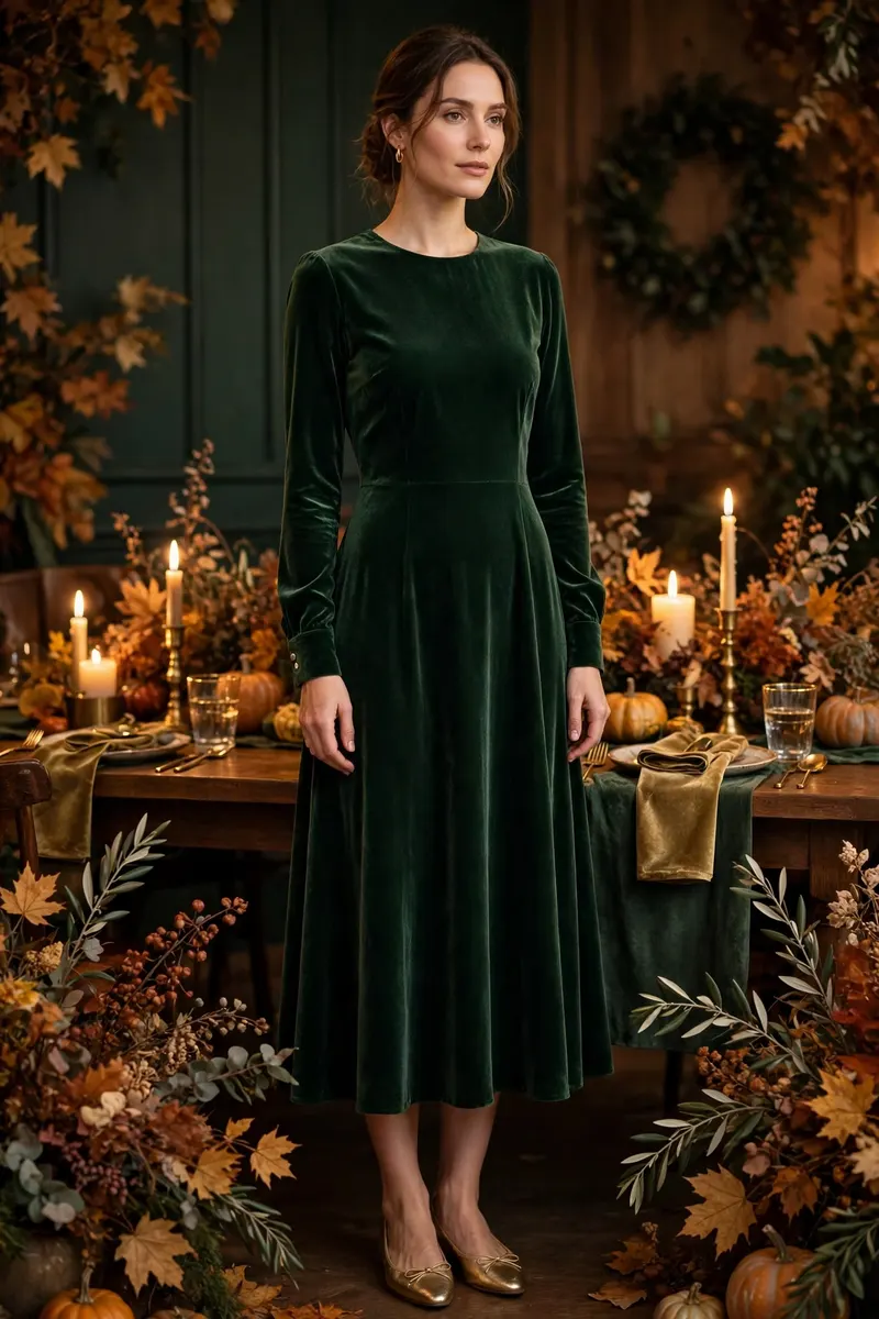 Forest green velvet midi dress - elegant fall evening outfit idea