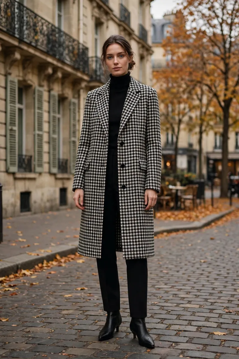 Houndstooth coat with black trousers - classic expensive looking fall outfit