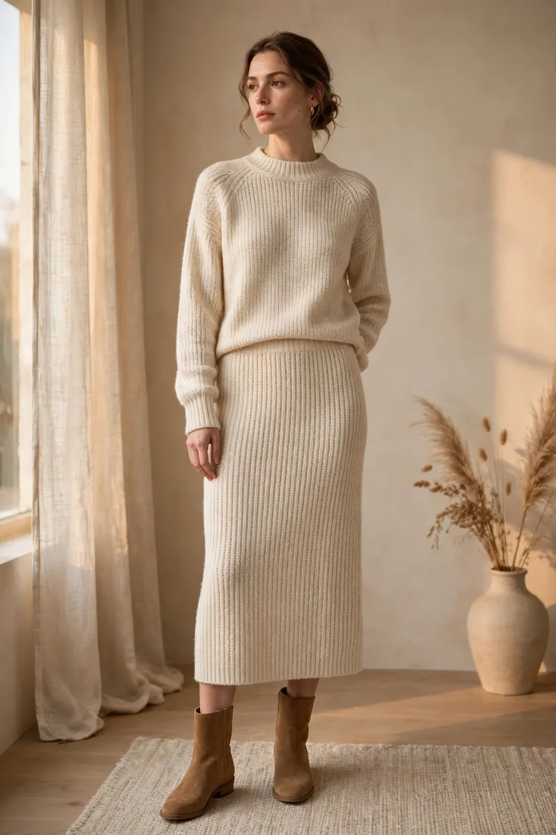 Cream knit co-ord set with matching midi skirt - effortless thanksgiving outfit