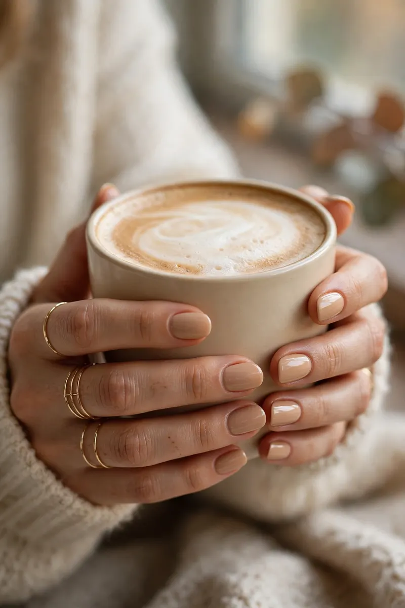Latte nude fall nail color manicure holding coffee - clean fall nail colors