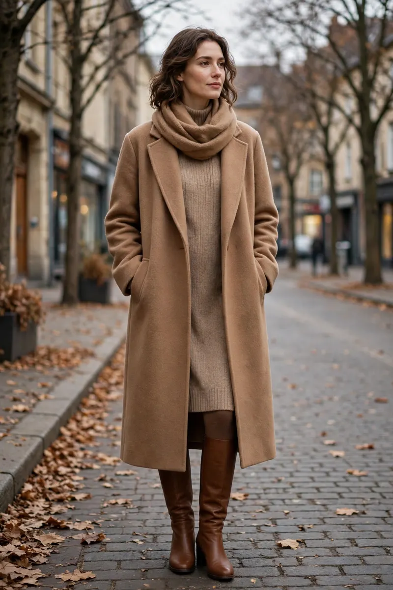 Long wool coat over a sweater dress - luxurious cold weather fall outfit