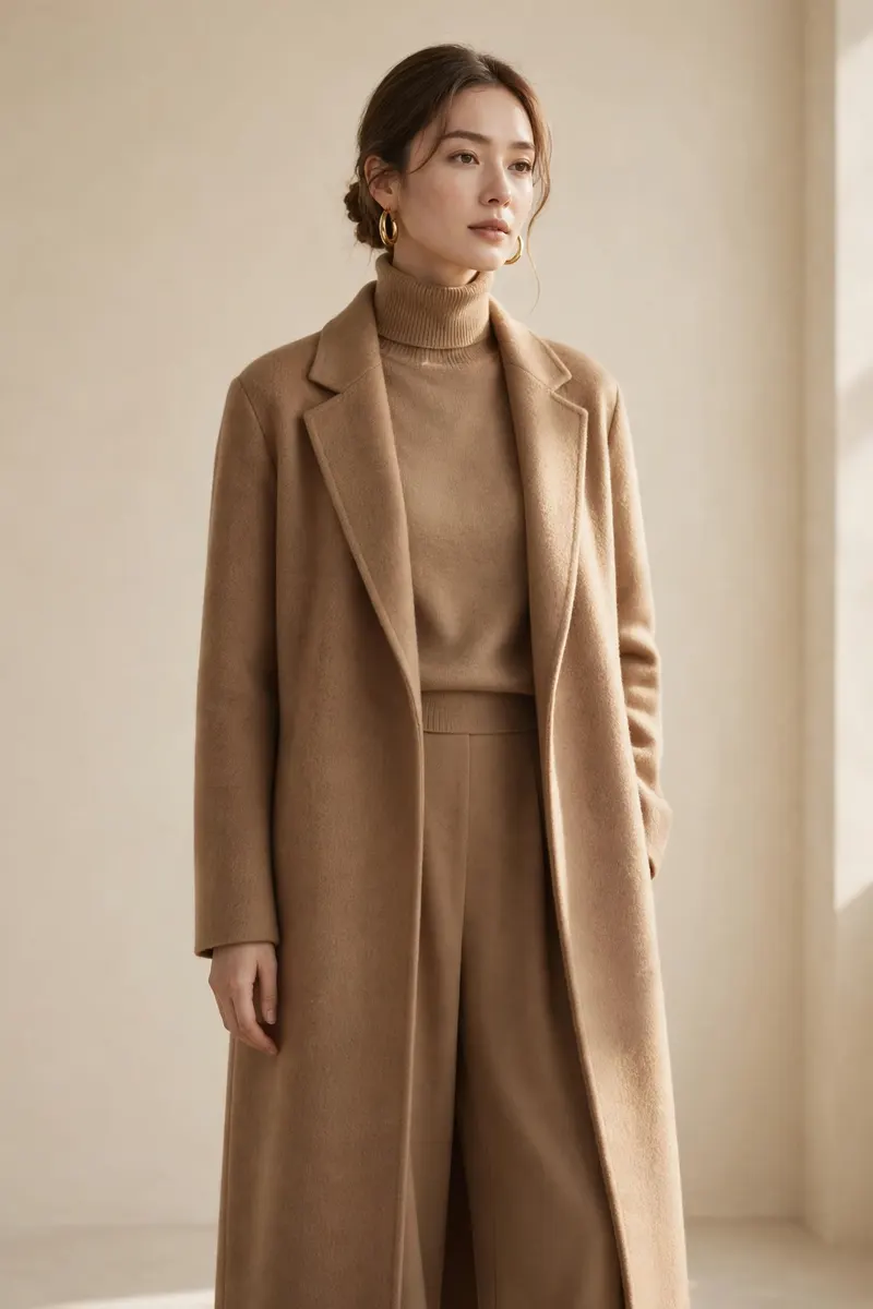 Monochrome camel tonal outfit with long coat - chic fall thanksgiving outfit