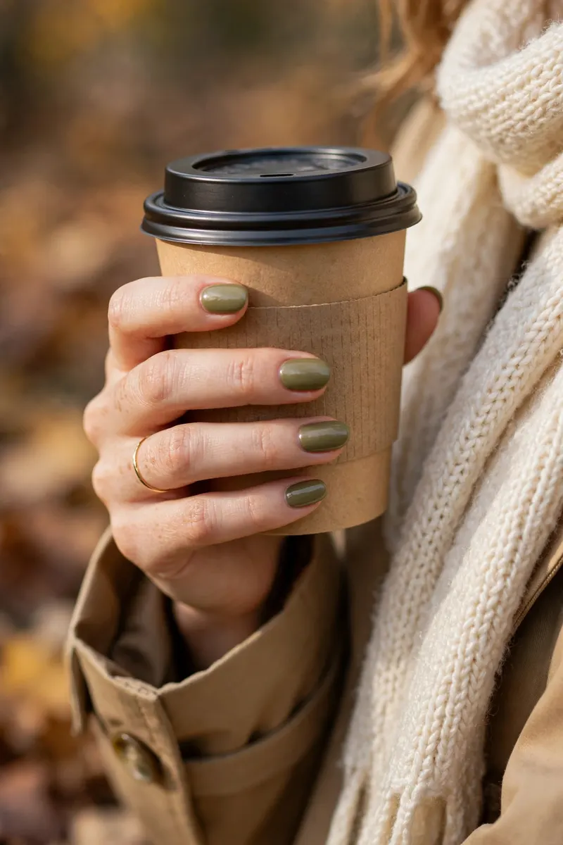 Olive green fall nail color on hands holding coffee cup - fall nail colors 2026