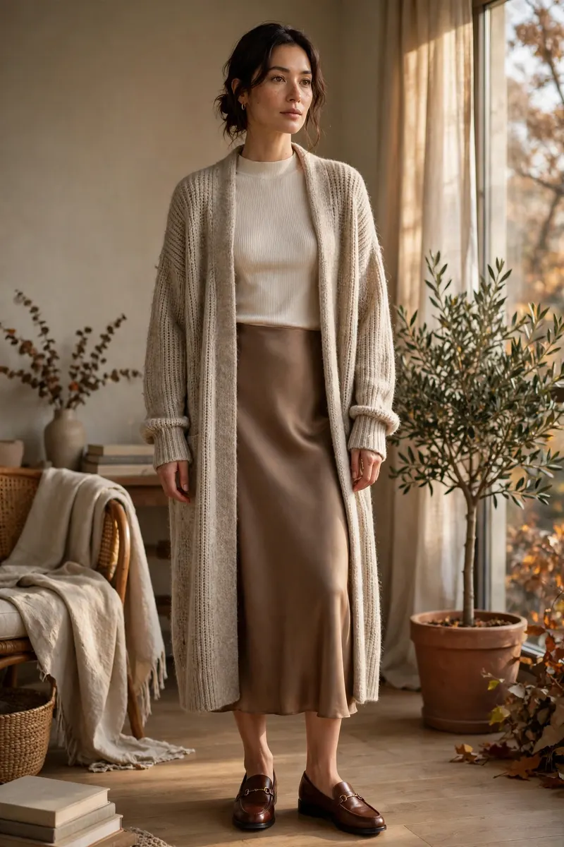 Oversized cardigan with satin slip skirt - cozy elegant fall outfit