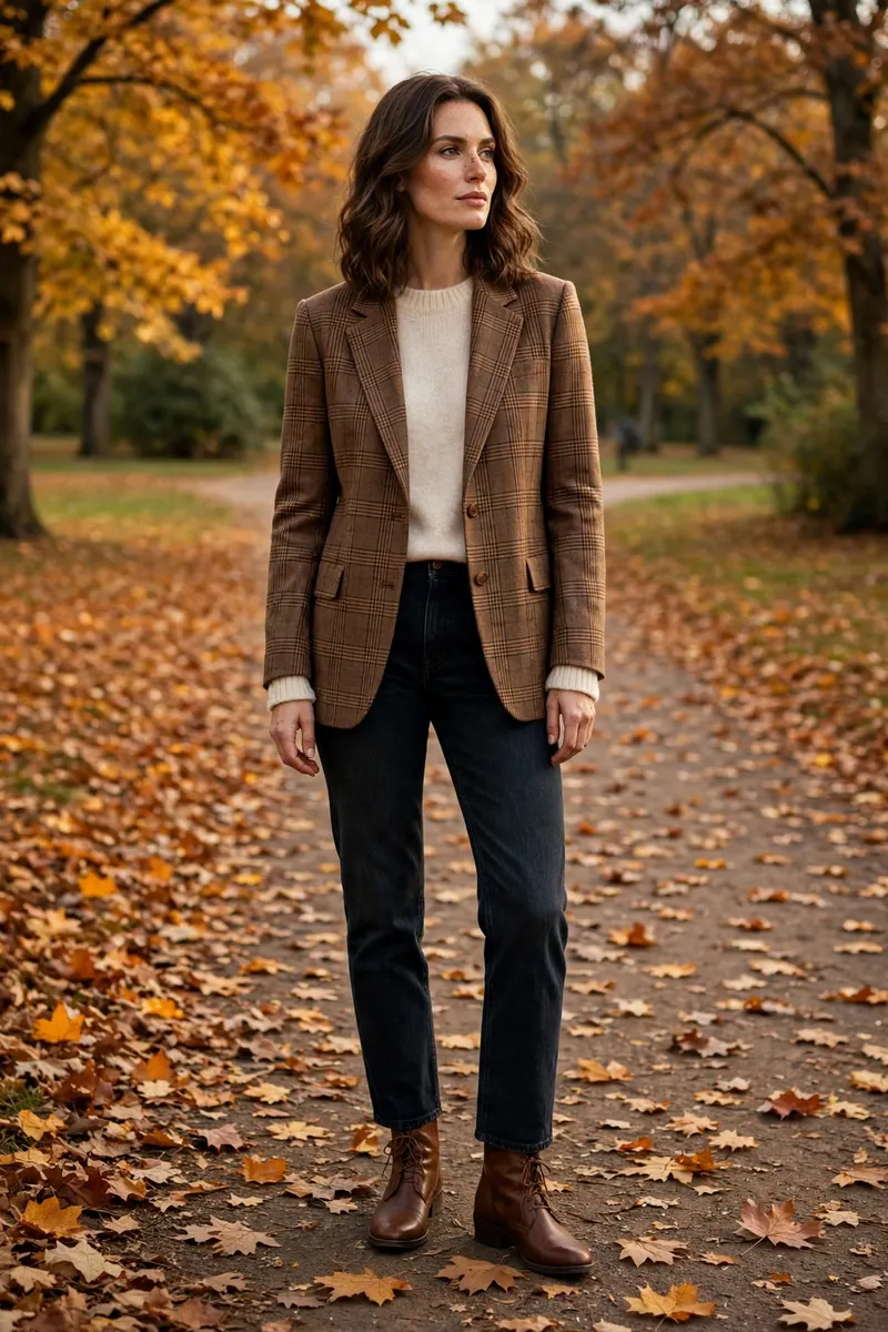 Plaid blazer with straight-leg jeans - smart casual fall outfit idea