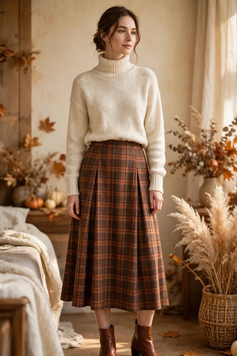 Plaid midi skirt with cream turtleneck sweater - classic fall thanksgiving outfit