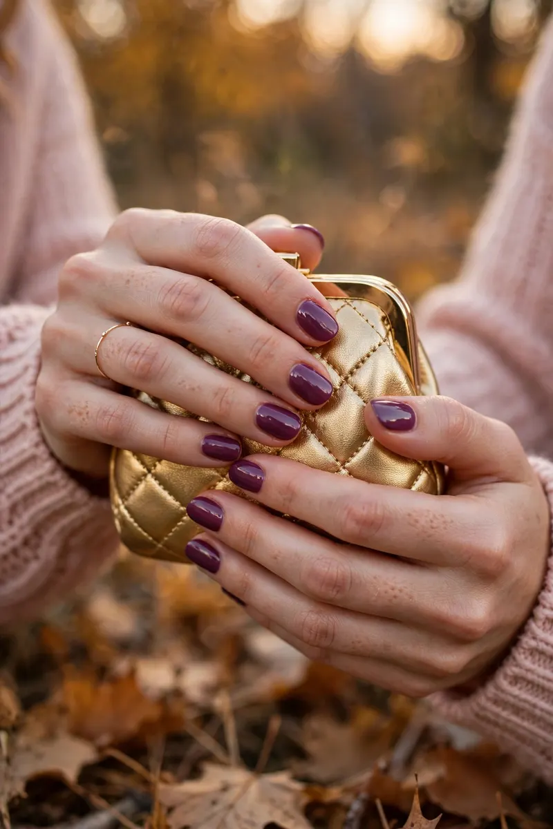 Rich plum purple fall nail color manicure with gold ring - fall nail colors