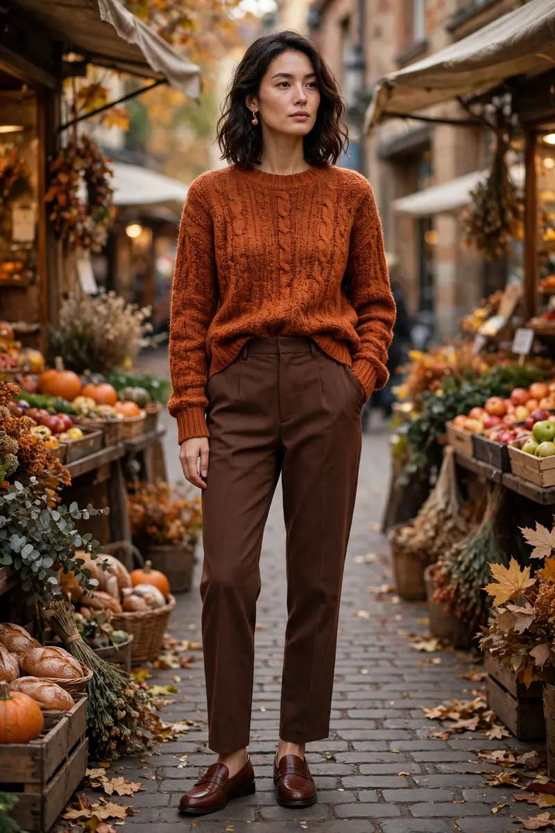 Rust knit sweater with chocolate brown trousers - warm tonal fall outfit