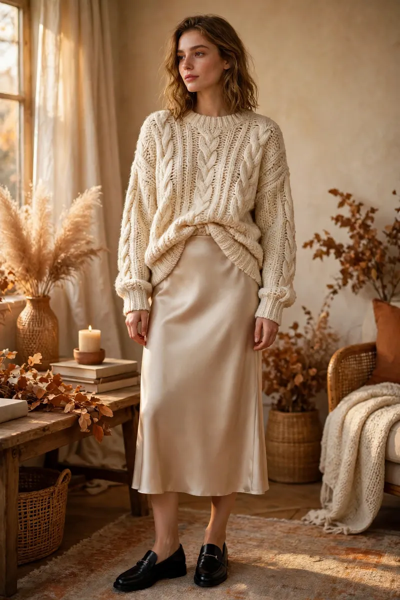 Champagne satin slip skirt with chunky knit sweater - elegant thanksgiving outfit idea