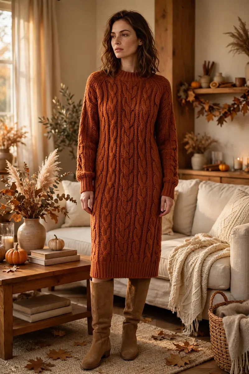 Rust sweater dress with knee-high boots - cozy thanksgiving outfit ideas for women