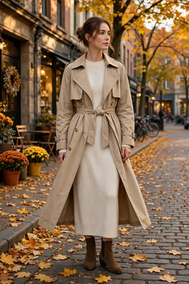 Beige trench coat over a knit midi dress - timeless fall outfit ideas for women