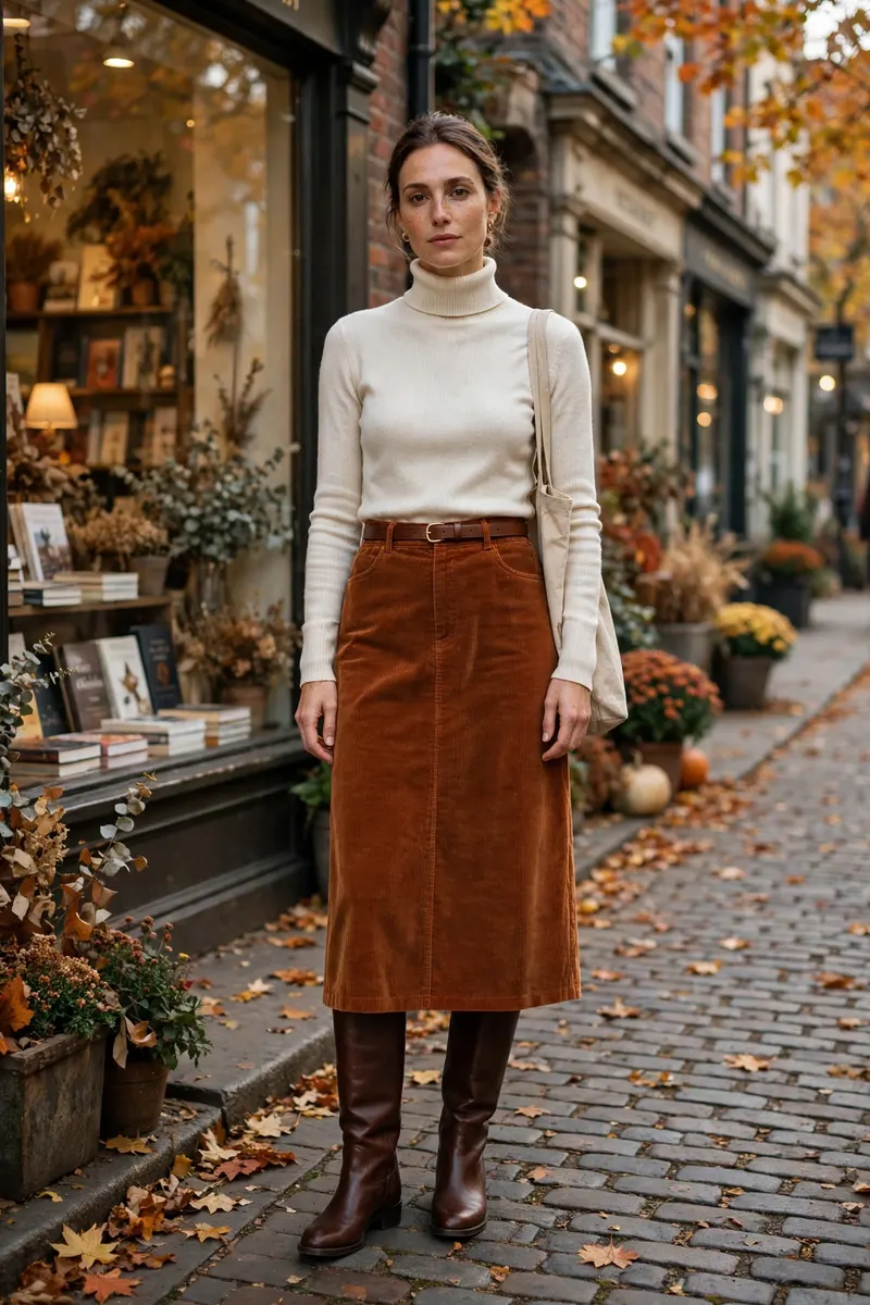 Turtleneck sweater with corduroy midi skirt - textured fall outfit combination