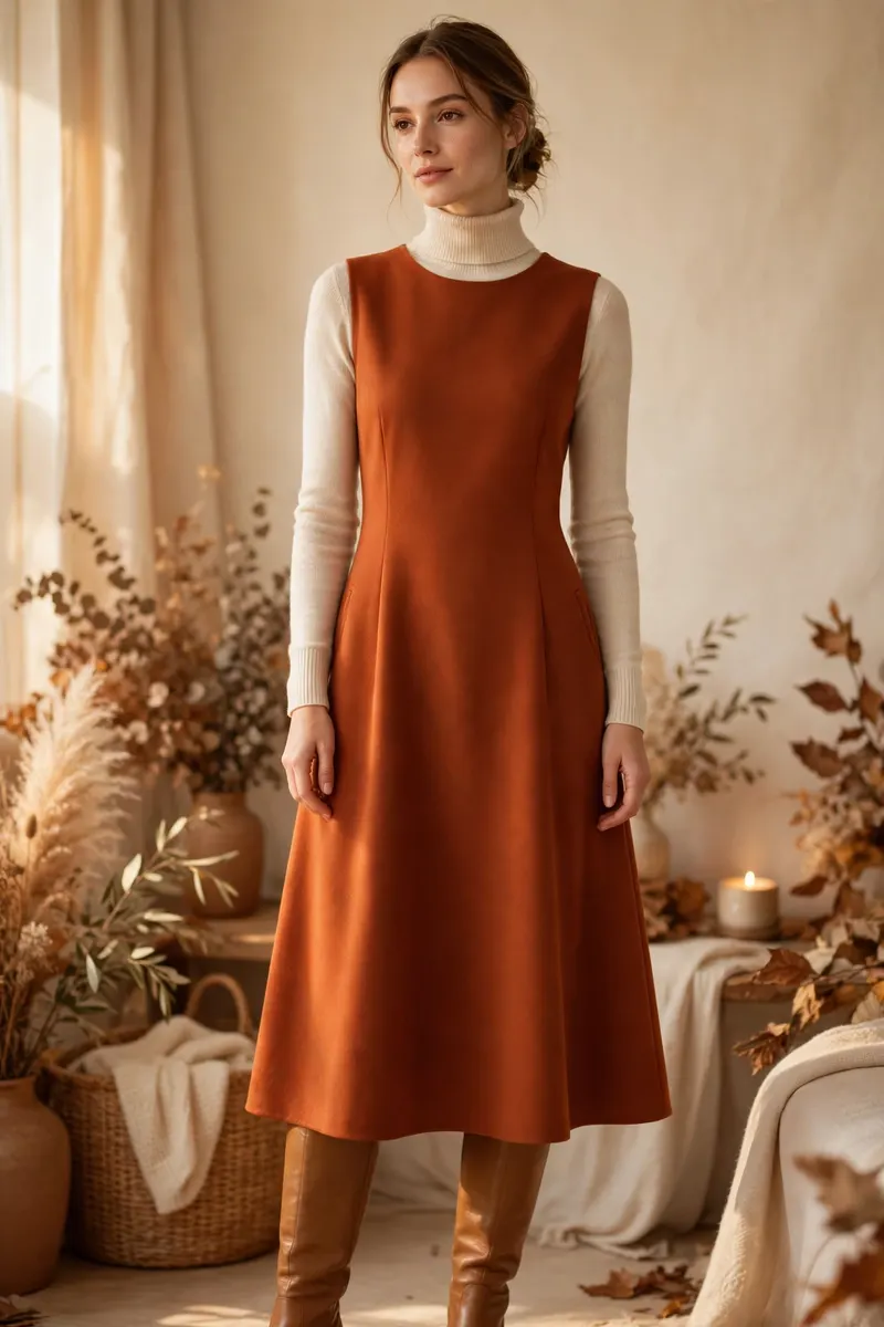 Cream turtleneck layered under a sleeveless midi dress - modest thanksgiving outfit ideas