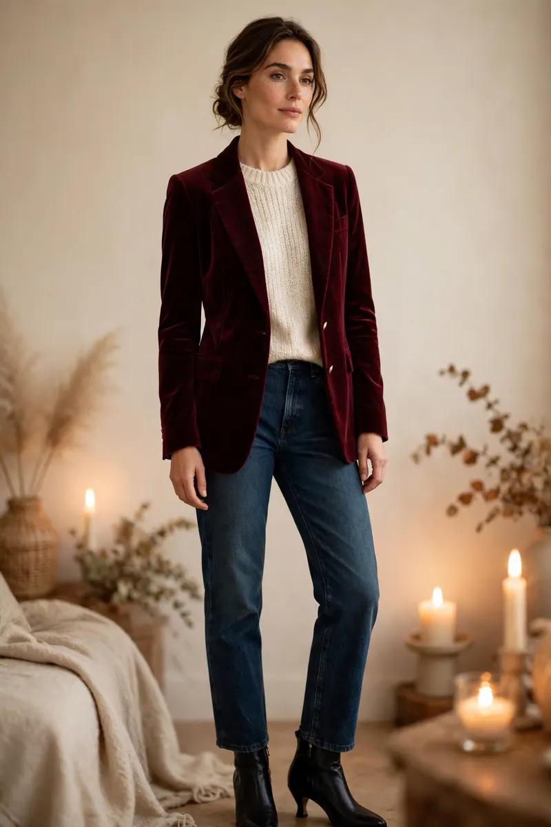 Burgundy velvet blazer with straight-leg jeans - dressy casual thanksgiving outfit