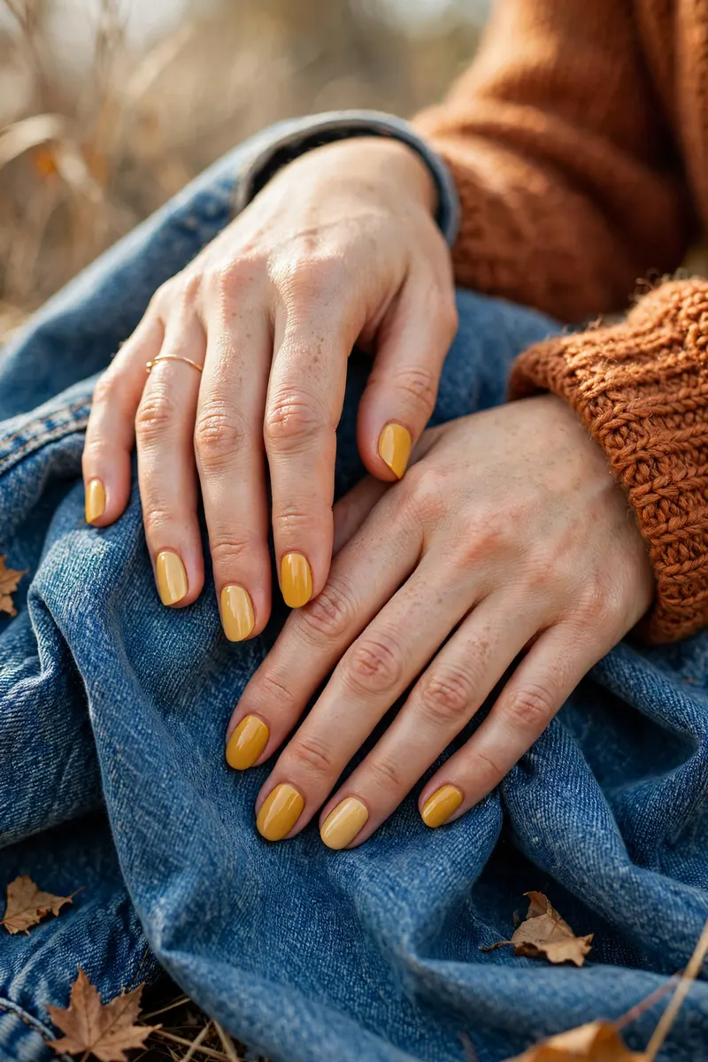 Warm mustard yellow fall nail color manicure with knit sweater - fall nail colors