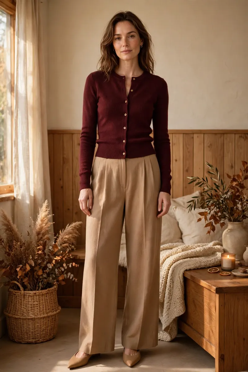 Wide-leg trousers with fitted cardigan - comfortable polished thanksgiving outfit